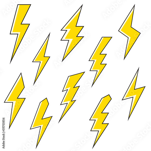 set of bright lightning bolt icon, flash symbol, thunderbolt