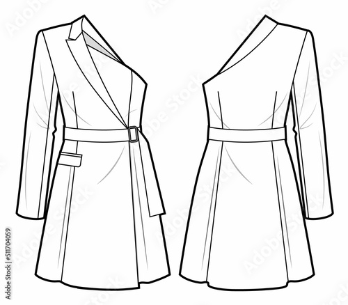 Fashion drawing of asymmetric jacket dress with belt