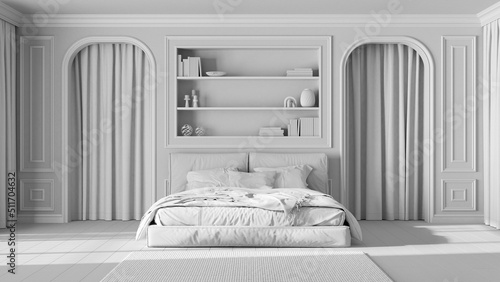 Total white project draft, neoclassic bedroom. Double bed and carpet, arched walls with curtains. Molded walls and bookshelf, parquet. Classic interior design concept