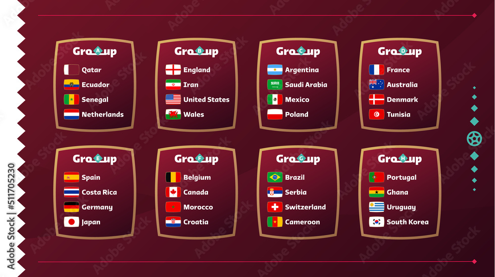 World football 2022 Groups and flags set. Flags of the countries participating in the 2022 World championship set. Vector illustration