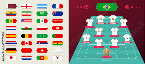 Set of national teams flag and line-up world Football 2022 tournament final stage vector illustration. Country team lineup table and Team Formation on Football Field. Vector country flags.