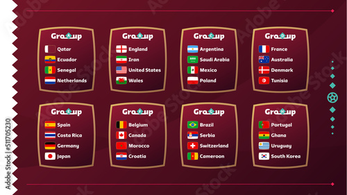 World football 2022 Groups and flags set. Flags of the countries participating in the 2022 World championship set. Vector illustration