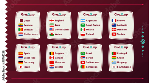 World football 2022 Groups and flags set. Flags of the countries participating in the 2022 World championship set. Vector illustration