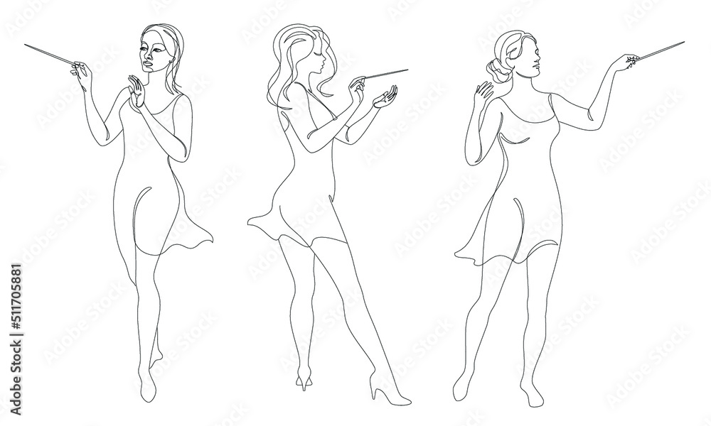 Collection. Silhouette of a woman with a conductor's baton in a modern continuous line style, beauty. Lady Conductor. Aesthetic decor sketches, posters, stickers, logo. Vector illustration set. Collection. Silhouette of a woman with a conductor's baton in a modern continuous line style, beauty. Lady Conductor. Aesthetic decor sketches, posters, stickers, logo. Vector illustration set.