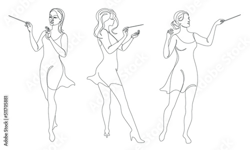Collection. Silhouette of a woman with a conductor's baton in a modern continuous line style, beauty. Lady Conductor. Aesthetic decor sketches, posters, stickers, logo. Vector illustration set.