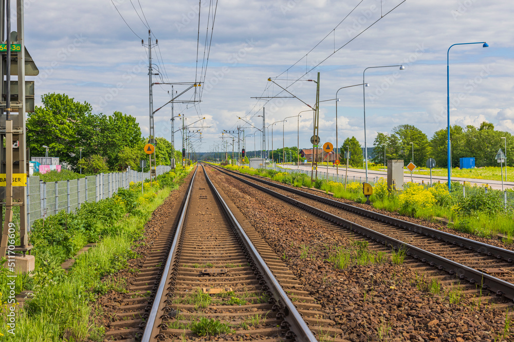 Beautiful view of railroad track in city on summer day. Sweden.