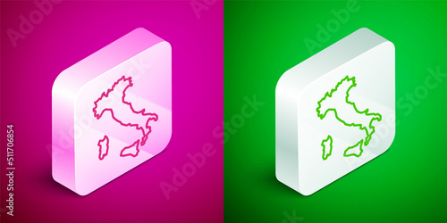 Isometric line Map of Italy icon isolated on pink and green background. Silver square button. Vector