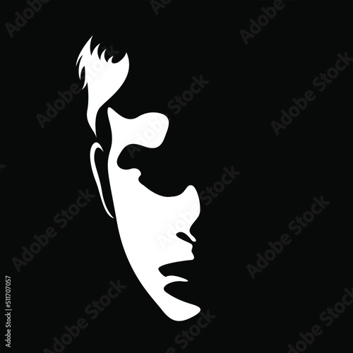 vector black and white illustration of handsome manly male face shaped by shadow. useful for men's products advertising, beauty salons, barbershops, skin care cosmetics, logo, print, poster, design photo