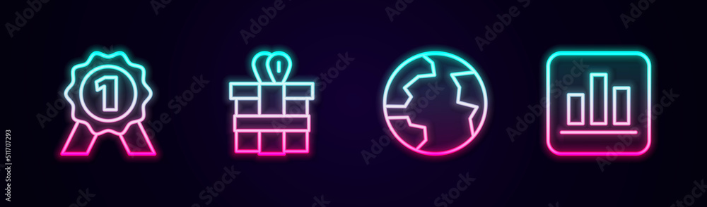 Set line Medal, Gift box, Worldwide and Pie chart infographic. Glowing neon icon. Vector Set line Medal, Gift box, Worldwide and Pie chart infographic. Glowing neon icon. Vector