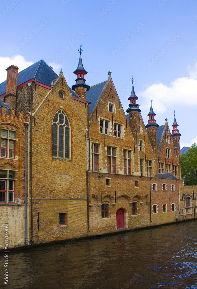 Colorful buildings on canal in Brugges, Belgium	
