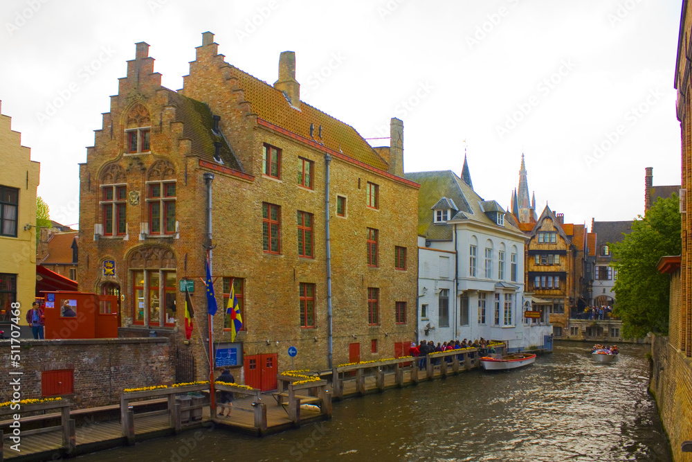 Colorful buildings on canal in Brugges, Belgium	
