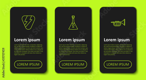 Set line Guitar pick, Balalaika and Trumpet. Business infographic template. Vector