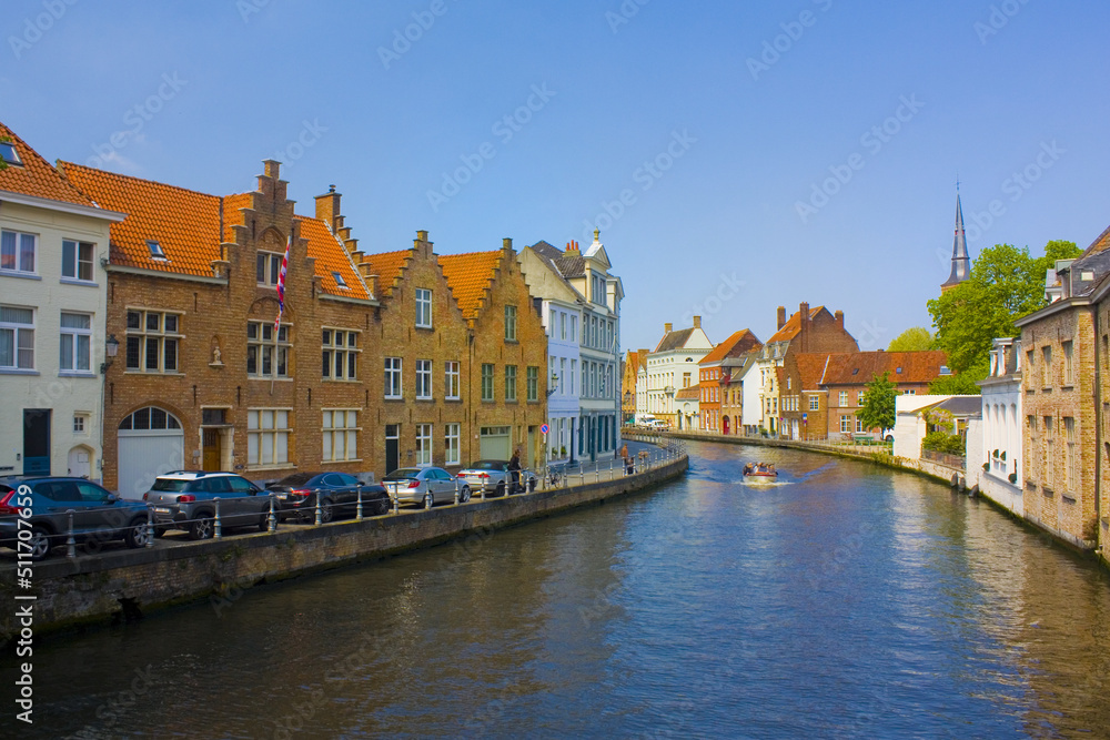 Colorful buildings on canal in Brugges, Belgium