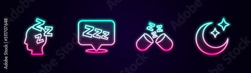 Set line Dreams, Sleepy, Sleeping pill and Moon and stars. Glowing neon icon. Vector