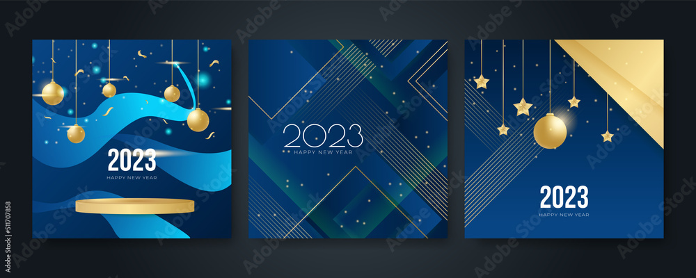 Happy new year 2023 square post card background for social media template.  Blue and gold 2023 new year winter holiday greeting card template.  Minimalistic trendy banner for branding, cover, card. Stock Vector |