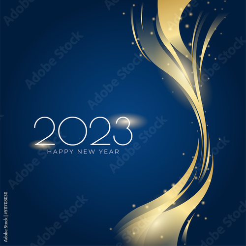 Happy new year 2023 square post card background for social media template. Blue and gold 2023 new year winter holiday greeting card template. Minimalistic trendy banner for branding, cover, card.