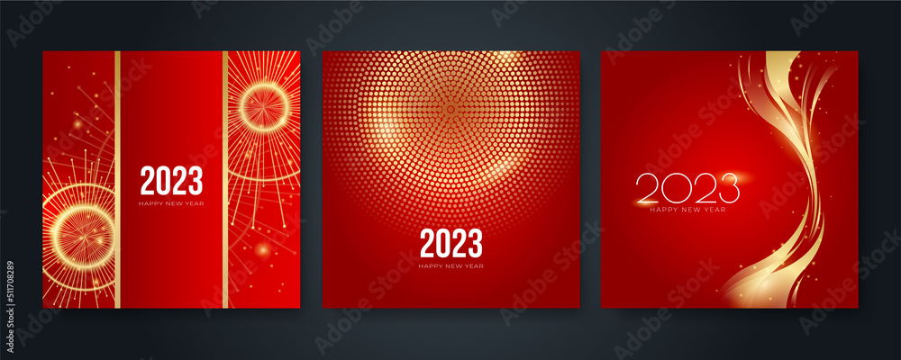 Fototapeta premium Happy new year 2023 square post card background for social media template. Red and gold 2023 new year winter holiday greeting card template. Minimalistic trendy banner for branding, cover, card.