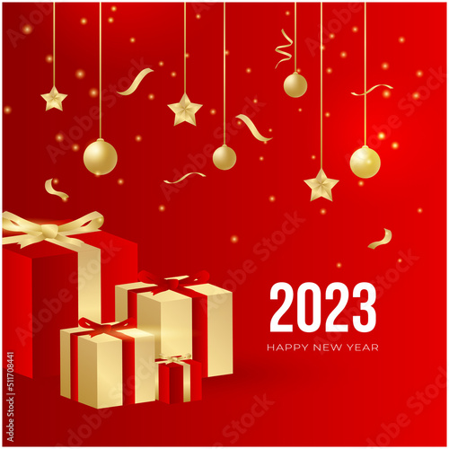 Happy new year 2023 square post card background for social media template. Red and gold 2023 new year winter holiday greeting card template. Minimalistic trendy banner for branding  cover  card.