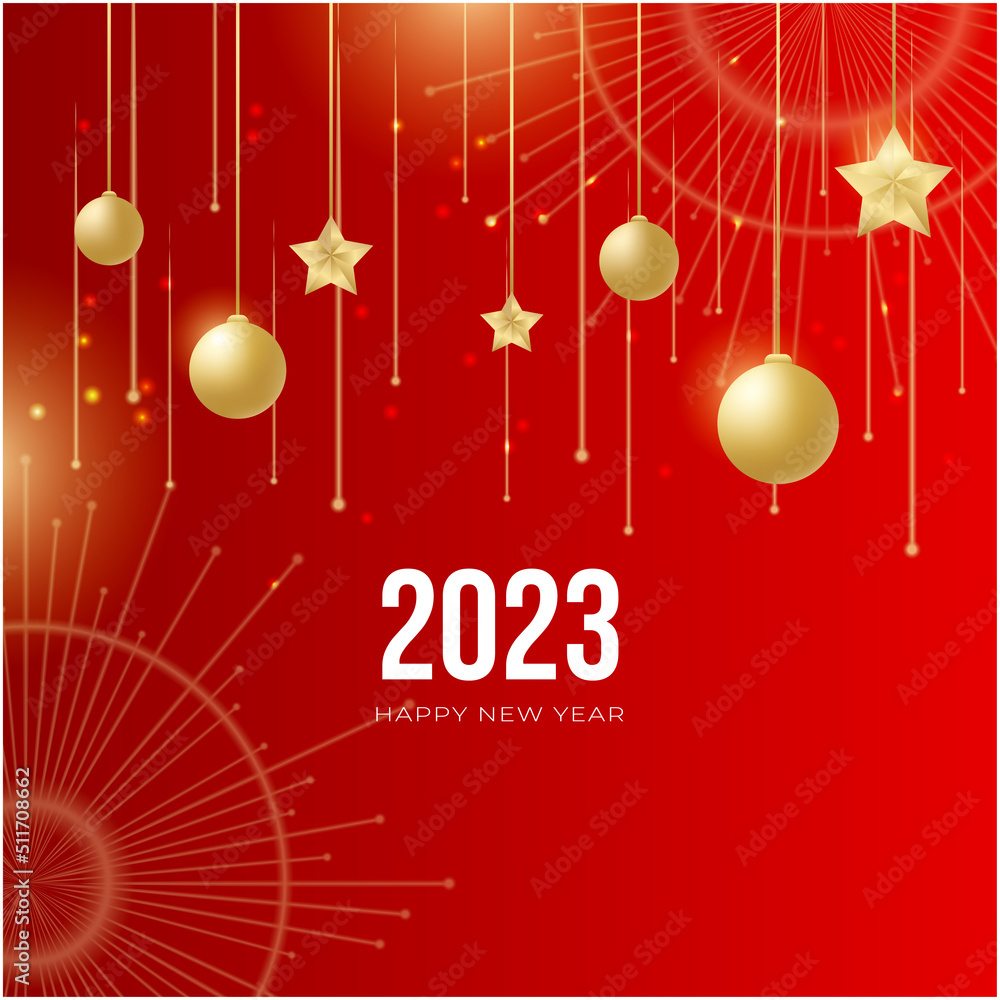 Naklejka premium Happy new year 2023 square post card background for social media template. Red and gold 2023 new year winter holiday greeting card template. Minimalistic trendy banner for branding, cover, card.