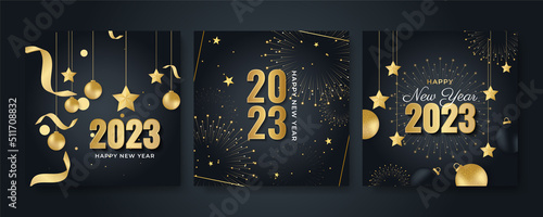 Happy new 2023 year elegant gold text with light. Minimal text template on black background