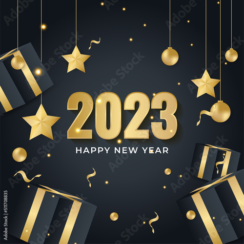 Happy new year 2023 elegant black and golden text. Minimalistic vector