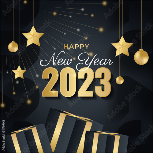 Happy new year 2023 elegant black and golden text. Minimalistic vector