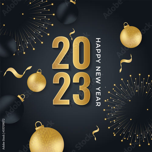 Happy New Year 2023 winter holiday greeting card design template. Party poster, banner or invitation gold glittering stars confetti glitter decoration. Vector background with golden gift bow