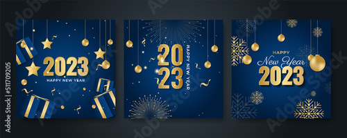 Happy new year 2023 square post card background for social media template. Blue and gold 2023 new year winter holiday greeting card template. Minimalistic trendy banner for branding, cover, card.