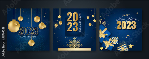 Happy new year 2023 square post card background for social media template. Blue and gold 2023 new year winter holiday greeting card template. Minimalistic trendy banner for branding, cover, card.