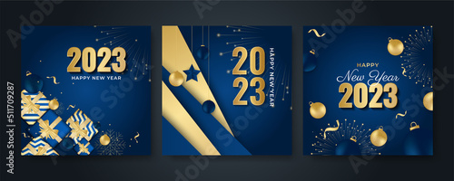 Happy new year 2023 square post card background for social media template. Blue and gold 2023 new year winter holiday greeting card template. Minimalistic trendy banner for branding, cover, card.