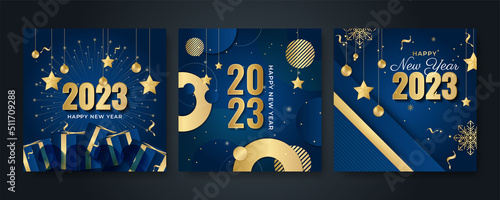 Happy new year 2023 square post card background for social media template. Blue and gold 2023 new year winter holiday greeting card template. Minimalistic trendy banner for branding, cover, card.