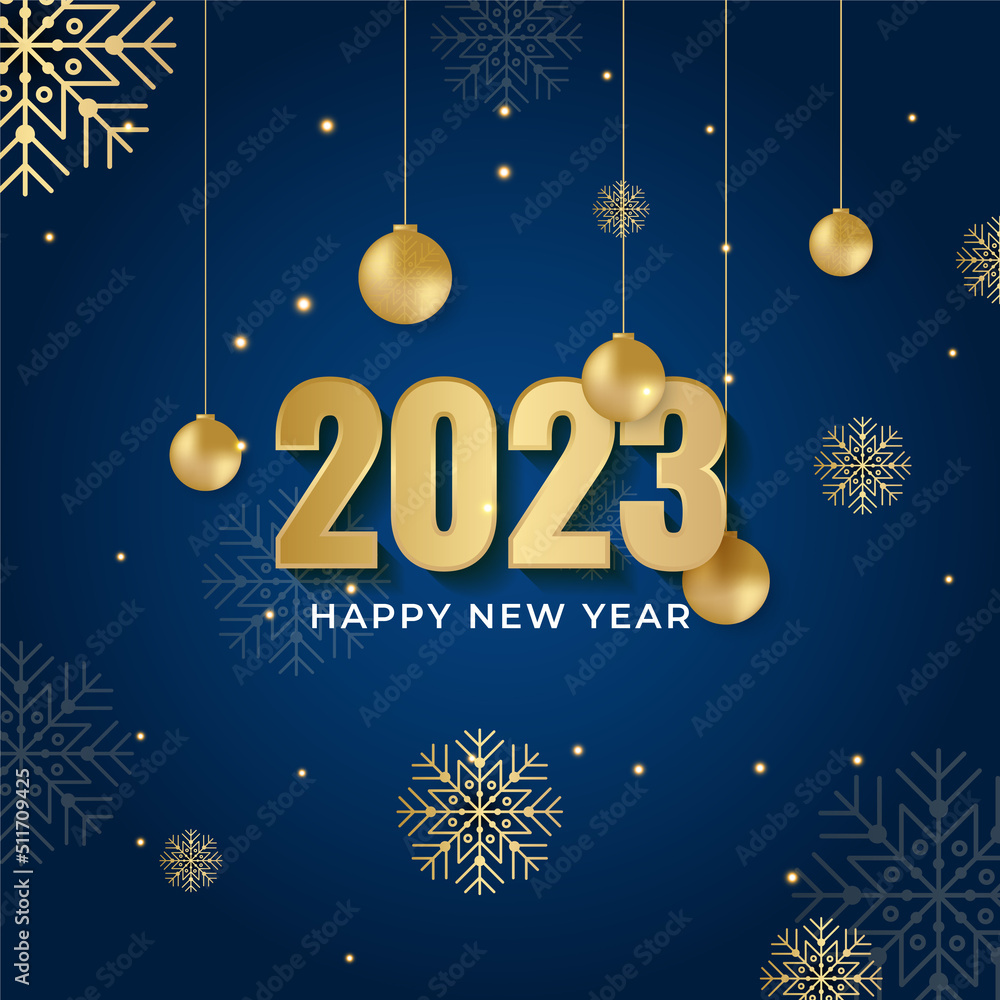 Happy new year 2023 square post card background for social media template. Blue and gold 2023 new year winter holiday greeting card template. Minimalistic trendy banner for branding, cover, card. Happy new year 2023 square post card background for social media template. Blue and gold 2023 new year winter holiday greeting card template. Minimalistic trendy banner for branding, cover, card.