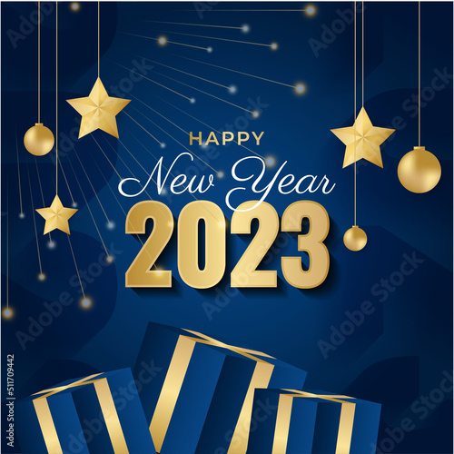 Happy new year 2023 square post card background for social media template. Blue and gold 2023 new year winter holiday greeting card template. Minimalistic trendy banner for branding, cover, card.