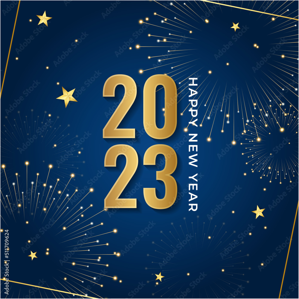 Happy new year 2023 square post card background for social media template. Blue and gold 2023 new year winter holiday greeting card template. Minimalistic trendy banner for branding, cover, card.