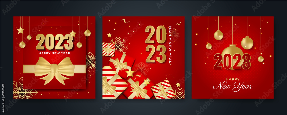 Happy new year 2023 square post card background for social media template. Red and gold 2023 new year winter holiday greeting card template. Minimalistic trendy banner for branding, cover, card. Happy new year 2023 square post card background for social media template. Red and gold 2023 new year winter holiday greeting card template. Minimalistic trendy banner for branding, cover, card.