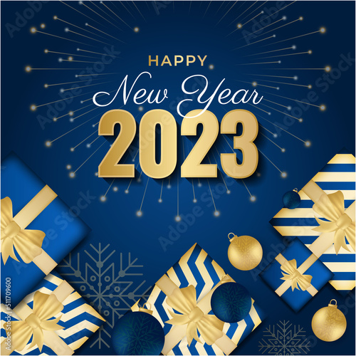 Happy new year 2023 square post card background for social media template. Blue and gold 2023 new year winter holiday greeting card template. Minimalistic trendy banner for branding, cover, card.