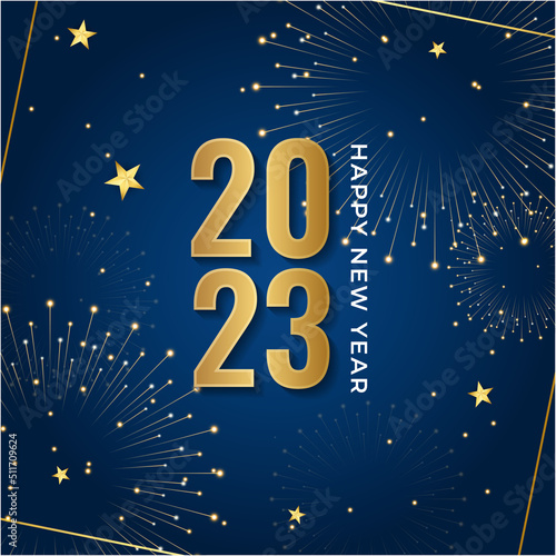 Happy new year 2023 square post card background for social media template. Blue and gold 2023 new year winter holiday greeting card template. Minimalistic trendy banner for branding, cover, card.