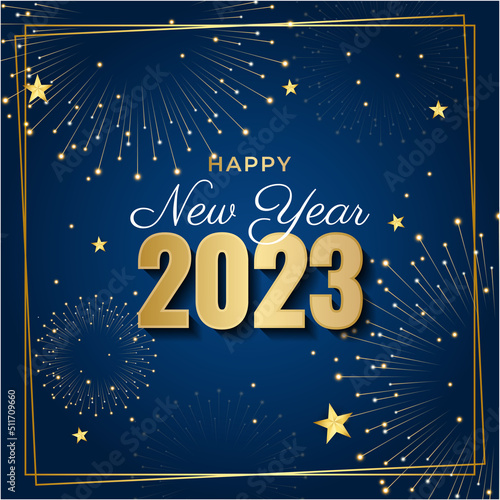 Happy new year 2023 square post card background for social media template. Blue and gold 2023 new year winter holiday greeting card template. Minimalistic trendy banner for branding, cover, card.