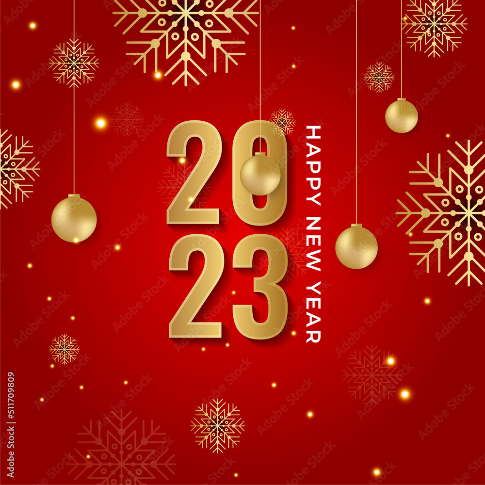 Happy new year 2023 square post card background for social media template. Red and gold 2023 new year winter holiday greeting card template. Minimalistic trendy banner for branding, cover, card.
