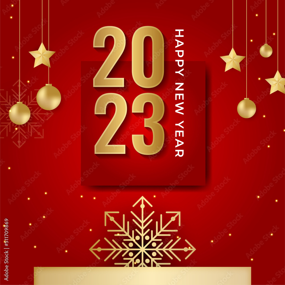 Happy new year 2023 square post card background for social media template. Red and gold 2023 new year winter holiday greeting card template. Minimalistic trendy banner for branding, cover, card. Happy new year 2023 square post card background for social media template. Red and gold 2023 new year winter holiday greeting card template. Minimalistic trendy banner for branding, cover, card.