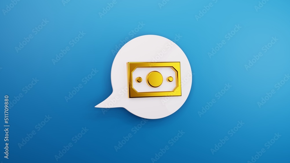 Goldenes Geldschein-Symbol auf einer weissen Sprechblase mit blauem Hintergrund, 3D-Rendering Goldenes Geldschein-Symbol auf einer weissen Sprechblase mit blauem Hintergrund, 3D-Rendering