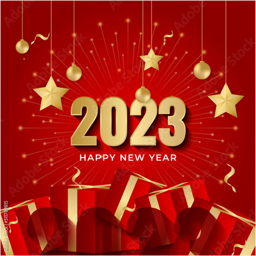 Happy new year 2023 square post card background for social media template. Red and gold 2023 new year winter holiday greeting card template. Minimalistic trendy banner for branding, cover, card.