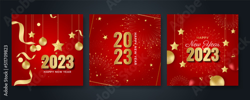 Happy new year 2023 square post card background for social media template. Red and gold 2023 new year winter holiday greeting card template. Minimalistic trendy banner for branding, cover, card.
