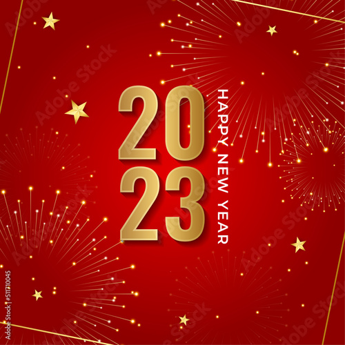 Happy new year 2023 square post card background for social media template. Red and gold 2023 new year winter holiday greeting card template. Minimalistic trendy banner for branding, cover, card.