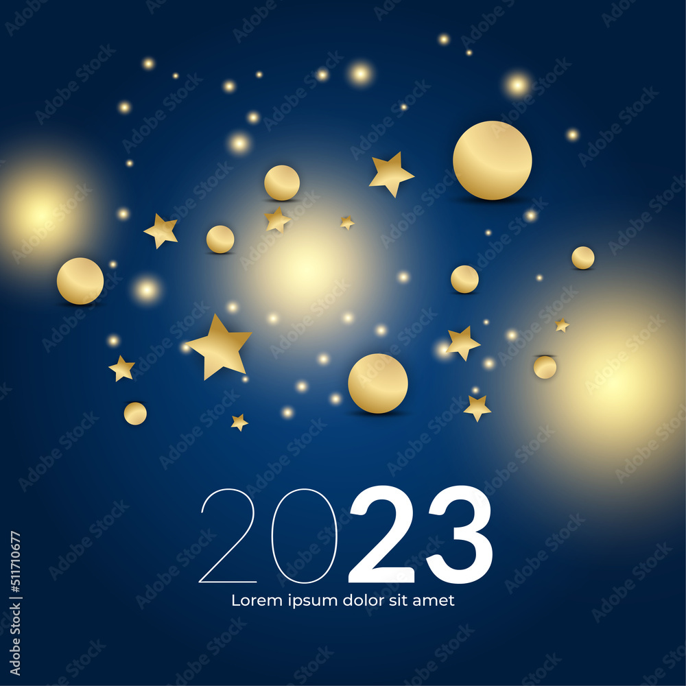 Happy new year 2023 square post card background for social media template. Blue and gold 2023 new year winter holiday greeting card template. Minimalistic trendy banner for branding, cover, card.