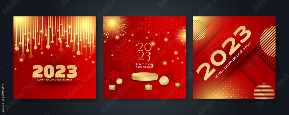 Fototapeta premium Happy new year 2023 square post card background for social media template. Red and gold 2023 new year winter holiday greeting card template. Minimalistic trendy banner for branding, cover, card.