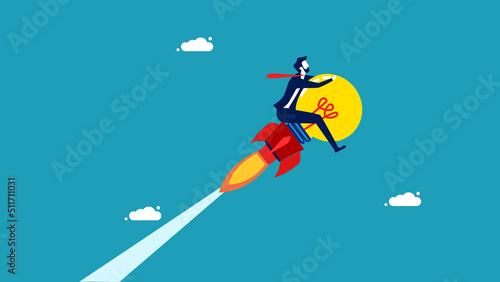 Leader of the business victory concept. businessman riding a high speed light bulb