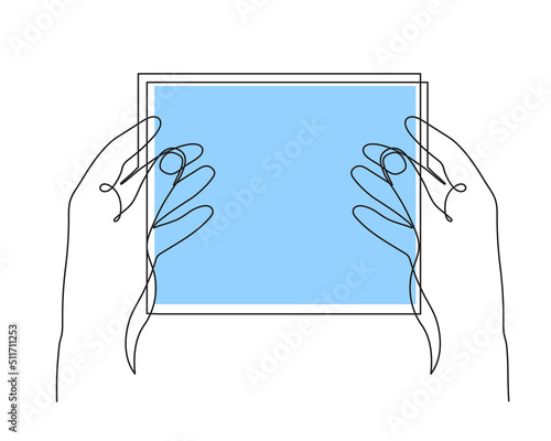Hands holding tablet, one line art, hand drawn continuous contour.Template, mock-up of empty touch screen.Space for your image or text. Editable stroke, minimalist design. Isolated.Vector illustration