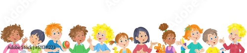 Children of different nationalities talk and play. Different emotions, relationships and moods. Banner in cartoon style. Isolated on white background. Vector flat illustration.