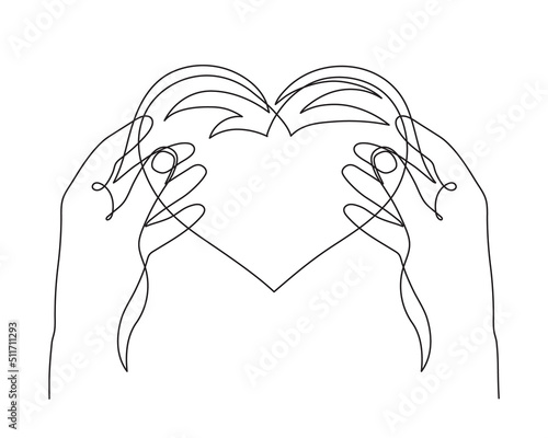 Hands with heart, one line art, continuous contour drawing, hand-drawn gesture, symbol of romantic love. Decoration for St. Valentine's Day,palm and wrist. Editable stroke.Isolated.Vector illustration